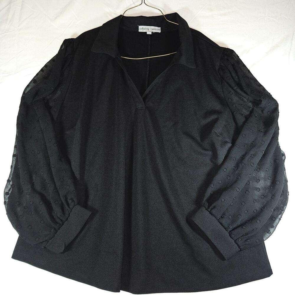 Absolutely Famous Women's 3X Black Sheer Swiss Dot Puff Sleeve Blouse Top